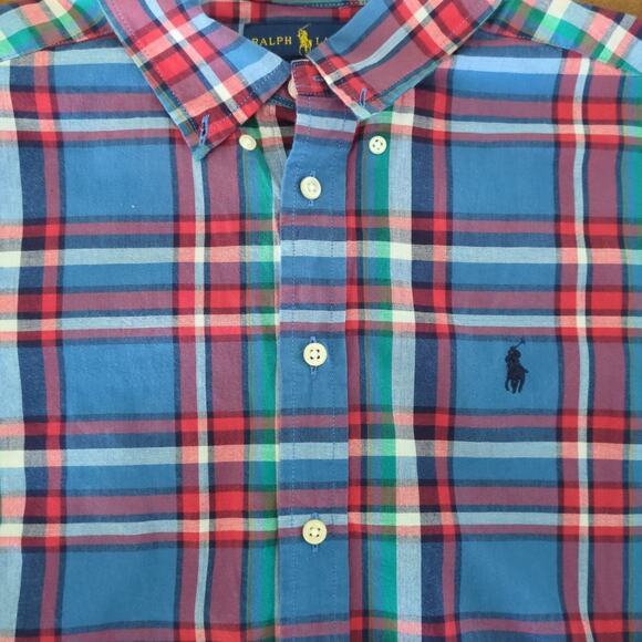 Ralph Lauren Short sleeve plaid button-down shirt blue/red Boys size Large - Picture 2 of 6